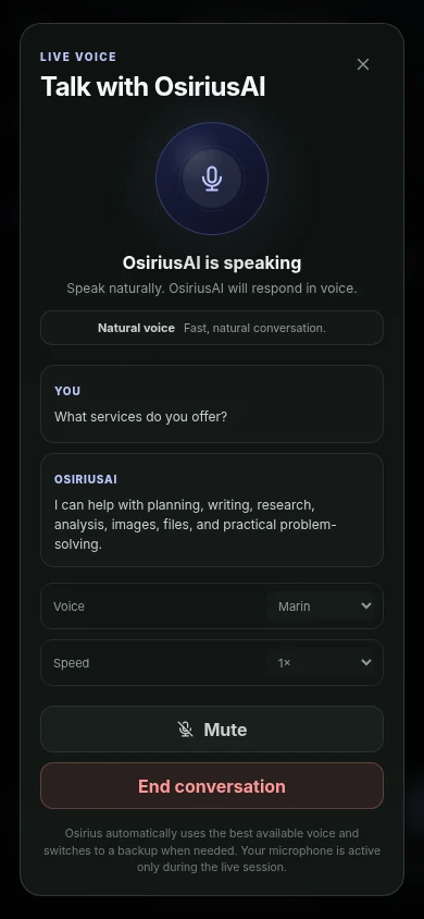 OsiriusAI app showing its main intelligence workspace